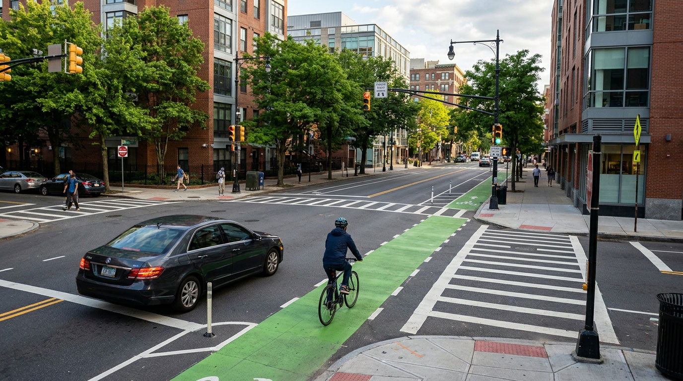 Cyclist approaching a city intersection beside vehicles waiting to turn.