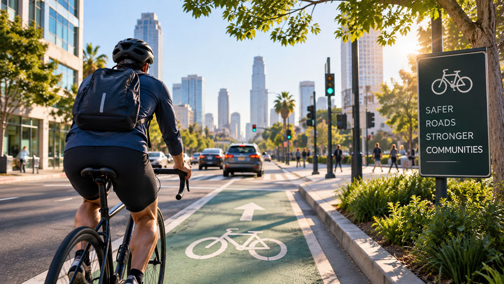 Cyclist wearing a helmet and backpack riding along a green bike lane in a modern city, passing a sign that reads ‘Safer Roads, Stronger Communities,’ with tall buildings, cars, and pedestrians illuminated by warm morning sunlight.