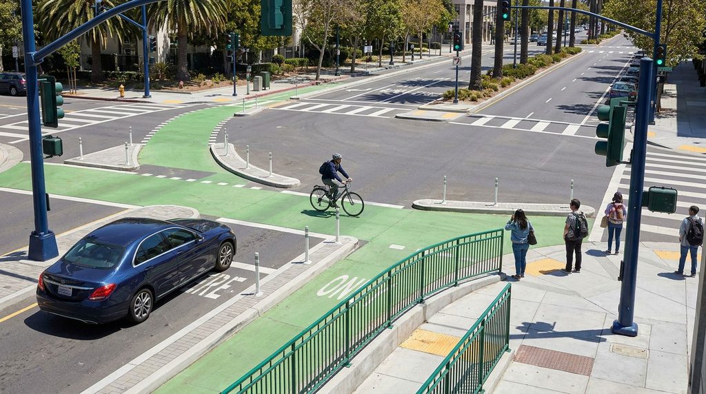 Protected intersection with a corner island and a marked bicycle crossing.