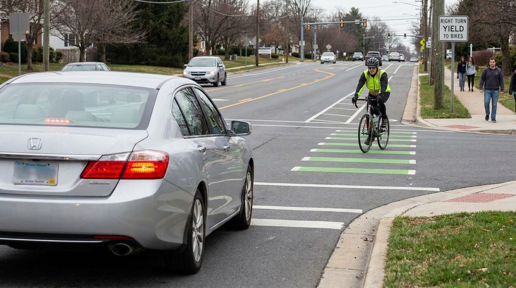 Car waiting to turn across a bike lane as a cyclist approaches an intersection.