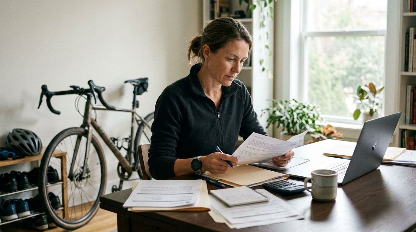 Cyclist reviewing insurance paperwork with a bicycle and helmet nearby