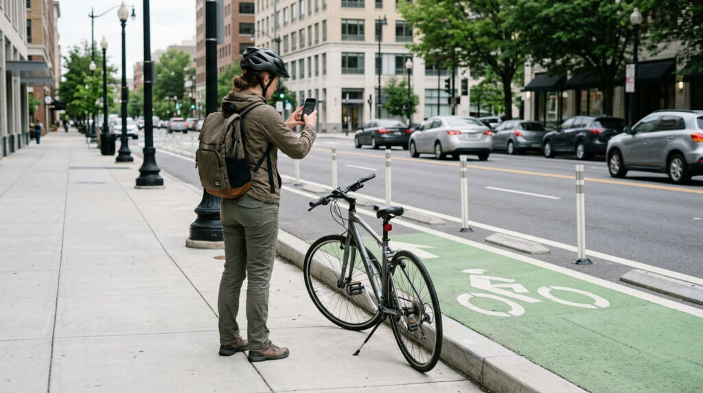Cyclist photographing bicycle damage and nearby road markings from a sidewalk