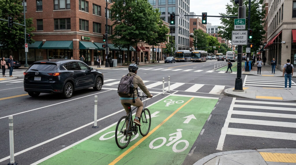 Cyclist approaching an urban intersection beside a marked bicycle lane