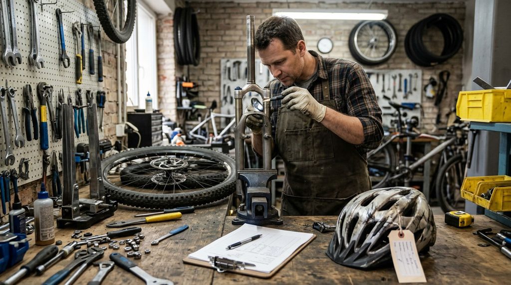 Bicycle mechanic inspecting a wheel and recording crash damage in a workshop