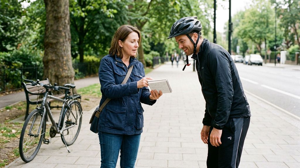Witness sharing written observations with a cyclist away from moving traffic