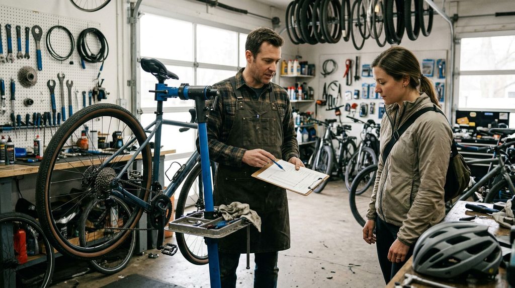 Mechanic discussing an itemized bicycle repair estimate with a cyclist