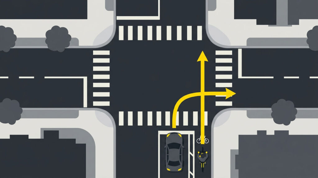 Overhead intersection illustration showing a bicycle route and a vehicle turning path