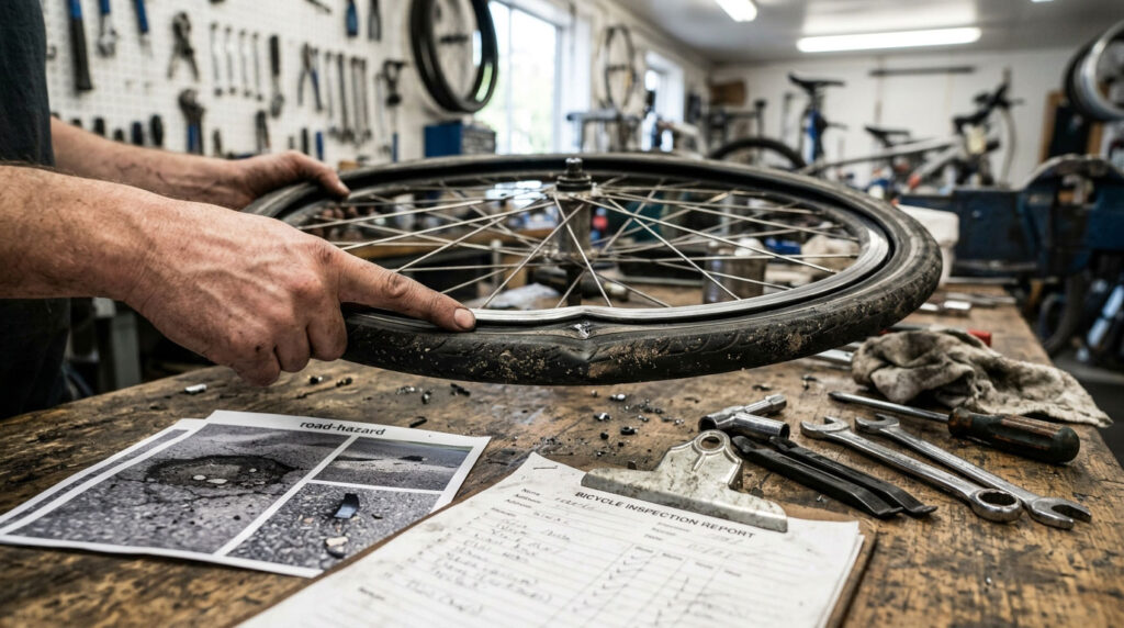 Mechanic inspecting a damaged bicycle wheel beside road-hazard documentation