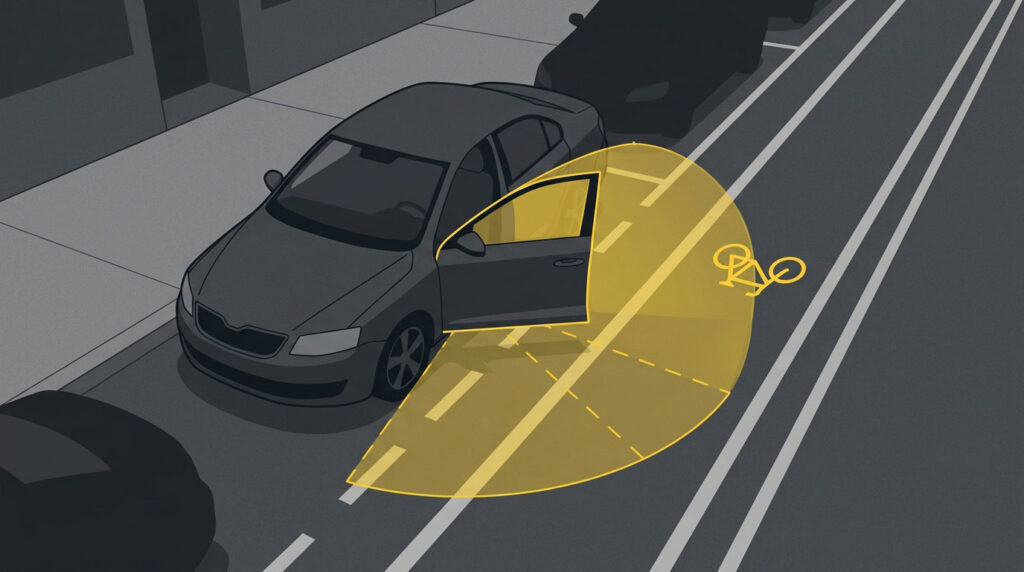 Illustration showing an open vehicle door extending toward a bicycle lane