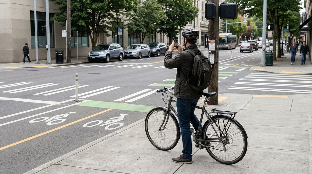Cyclist photographing intersection signals and bicycle-lane markings from the sidewalk