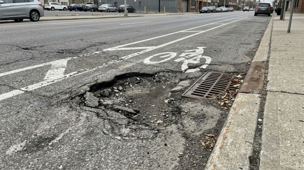 Wide view of a bicycle-lane pothole with curb, markings, and nearby landmarks