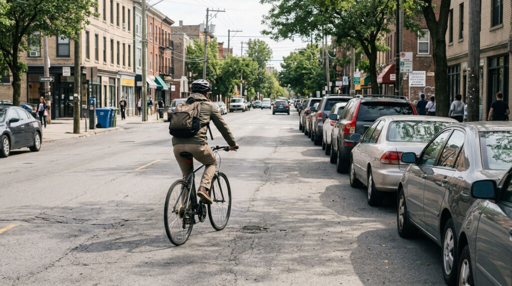 Cyclist riding with clearance beside a row of parked cars