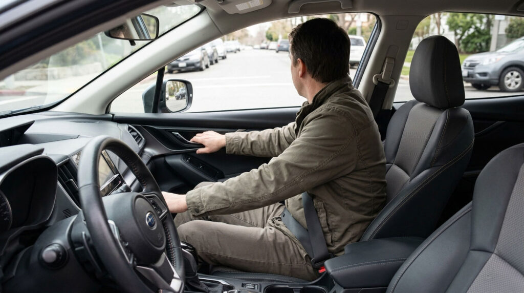 Driver reaching for the door with the far hand while looking behind
