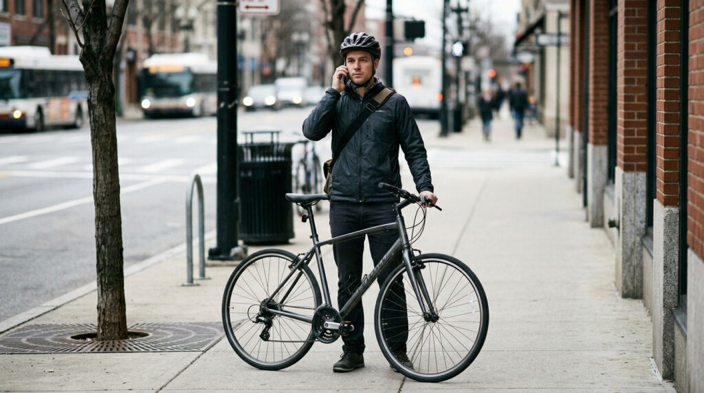 Cyclist safely calling for assistance beside a bicycle on an urban sidewalk