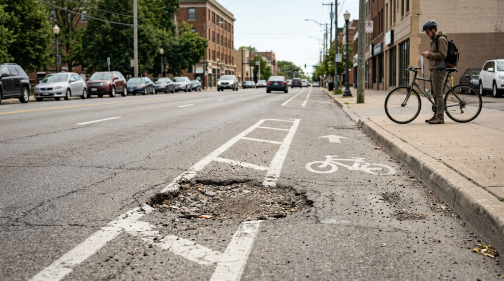 Pothole near a bicycle lane with a cyclist stopped safely on the sidewalk