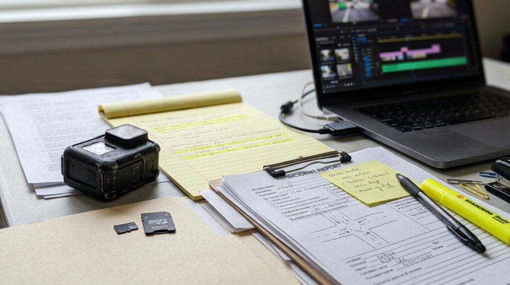 Bicycle camera beside a laptop used to back up incident footage