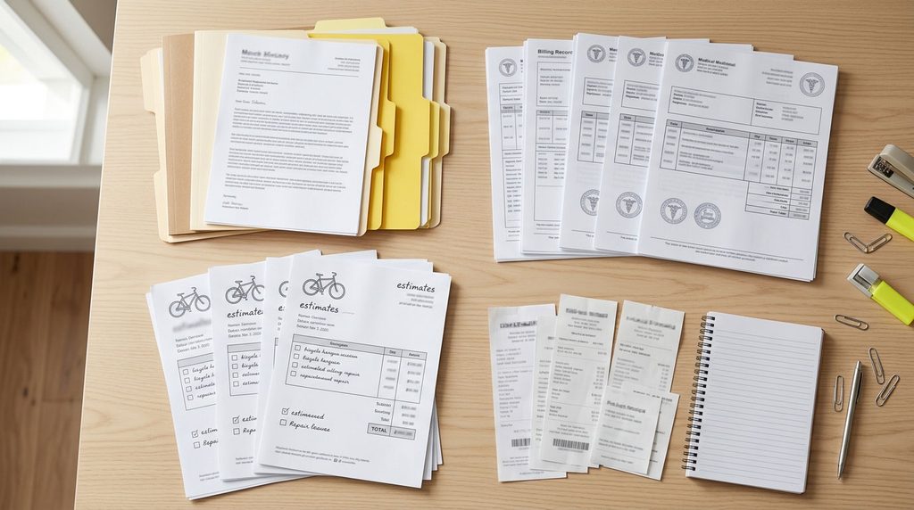 Insurance paperwork, repair estimates, and medical billing records organized on a desk