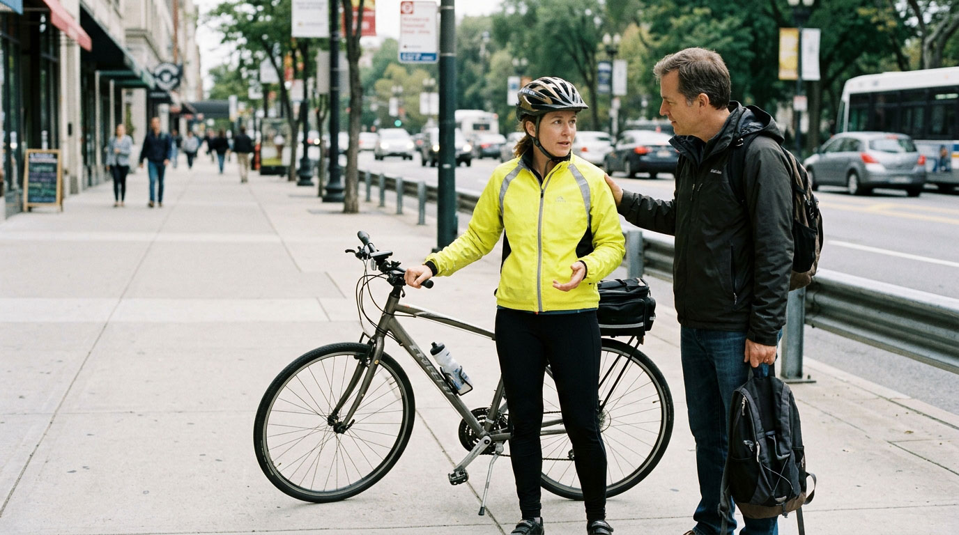 Cyclist and companion standing safely beside a bicycle after a street incident